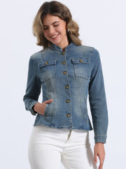 Casual Denim Classic Stand Collar Long Sleeve Jean Jacket