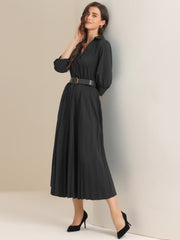 Collar V Neck Belted Dressy Casual Pleated Maxi Dress