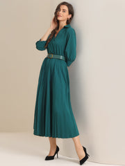 Collar V Neck Belted Dressy Casual Pleated Maxi Dress