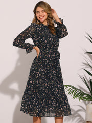 Floral Long Sleeve Belted Flowy Chiffon Midi Dress