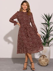 Floral Long Sleeve Belted Flowy Chiffon Midi Dress