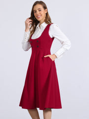 Lace Trim Button Decor Pockets Overalls Midi Pinafore Dress