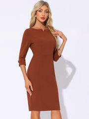 3/4 Sleeve Notch Neck Slim Fit Work Pencil Midi Dress