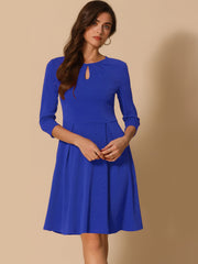 3/4 Sleeve Pleated Keyhole Pockets A-Line Above Knee Dress