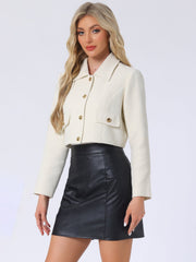 Tweed Collar Long Sleeve Button Down Cropped Jacket