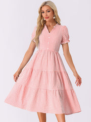 Ruffle Trim V Neck Button Decor Plaid Gingham Tiered Midi Dress