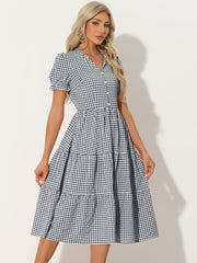 Ruffle Trim V Neck Button Decor Plaid Gingham Tiered Midi Dress