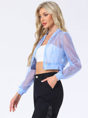 Bomber Long Sleeve Crop Mesh Sheer Zip Up Jackets