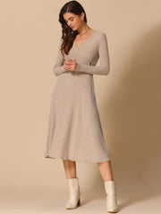 Long Sleeve Pockets A-Line Midi Ribbed Knit Dress