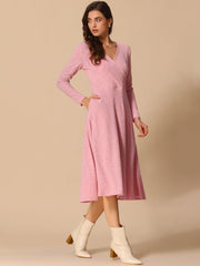 Long Sleeve Pockets A-Line Midi Ribbed Knit Dress