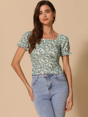Smocked Crop Top Slim Fit Peasant Floral Blouse