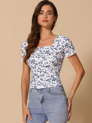 Smocked Crop Top Slim Fit Peasant Floral Blouse