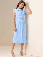 Cap Sleeves Collared Button Down Belted Midi Work Dress
