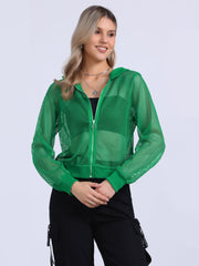 Zip Up Long Sleeve Mesh Sheer Hoodie Bomber Jackets