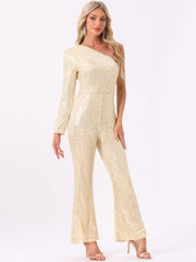 Sequin One Shoulder See Through Wide Legs Party Jumpsuit