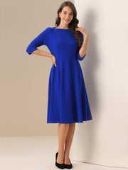 3/4 Sleeve Boat Neck Solid Color A-Line Midi Dress
