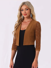 Lace Panel Open Front Long Sleeve Work Office Crop Bolero Shrug