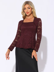 Lace Square Neck Long Sleeve Stertch Peplum Blouse