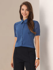Button Down Shirt Sheer Short Sleeve Point Collar Work Tops
