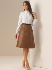 Faux Leather Belted A-Line High Waist Midi Skirt