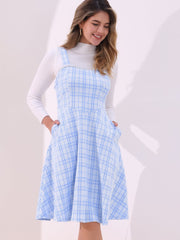 Tweed Plaid Sleeveless Pockets A-Line Pinafore Overall Dress