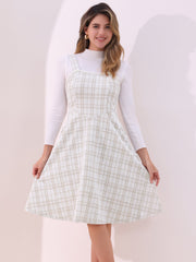 Tweed Plaid Sleeveless Pockets A-Line Pinafore Overall Dress