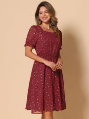 Square Neck Metallic Stars Ruffle Short Sleeve A-Line Smocked Waist Midi Dress