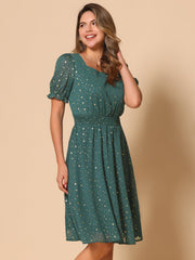 Square Neck Metallic Stars Ruffle Short Sleeve A-Line Smocked Waist Midi Dress