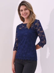 Floral Lace Sheer 3/4 Sleeve Boat Neck Blouse