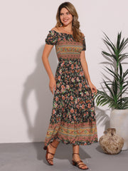 Boho Floral Off Shoulder Puff Sleeves Maxi Smocked Dress
