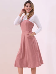 Corduroy Pockets A-Line Sleeveless Casual Midi Pinafore Dress
