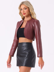 PU Bolero Open Front Leather Cropped Long Sleeve Cardigan