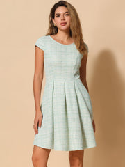 Plaid Tweed Round Neck Cap Sleeve A-Line Vintage Pleated Dress