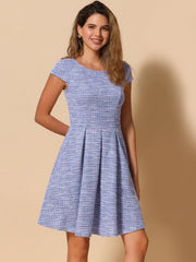 Plaid Tweed Round Neck Cap Sleeve A-Line Vintage Pleated Dress