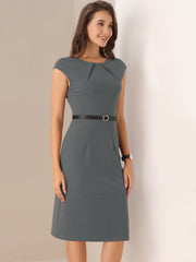 Elegant Business Cap Sleeve Belted Pencil Work Sheath Dress
