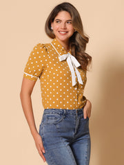 Polka Dot Peter Pan Collar Bow Tie Neck Puff Sleeve Vintage Shirt