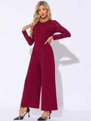 Crew Neck Mesh Lace Sleeve Wide Leg Jumpsuit