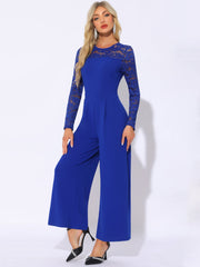 Crew Neck Mesh Lace Sleeve Wide Leg Jumpsuit