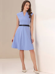 Office V Neck Work Sleeveless A-line Midi Solid Belted Dress