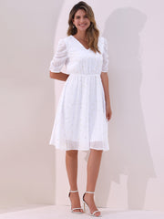 Metallic Stars Ruched Sleeve V Neck A-line Chiffon Dress