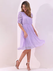 Metallic Stars Ruched Sleeve V Neck A-line Chiffon Dress