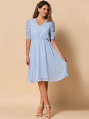 Metallic Stars Ruched Sleeve V Neck A-line Chiffon Dress