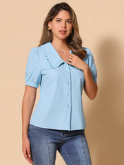 Chambray Shirt Peter Pan Collar Puff Sleeve Vintage Denim Blouse