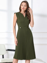 Sleeveless Dress Casual V Neck Button Pleated Midi Dress