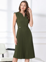 Sleeveless Dress Casual V Neck Button Pleated Midi Dress
