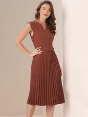 Sleeveless Dress Casual V Neck Button Pleated Midi Dress