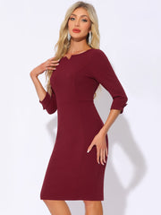 3/4 Sleeve Notch Neck Slim Fit Work Pencil Midi Dress