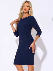 3/4 Sleeve Notch Neck Slim Fit Work Pencil Midi Dress