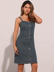 Button Down Denim Sleeveless Sweetheart Neck Jeans Dress