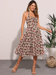 Halter Neck Floral Summer Sundress Sleeveless Lace Up Midi Dress